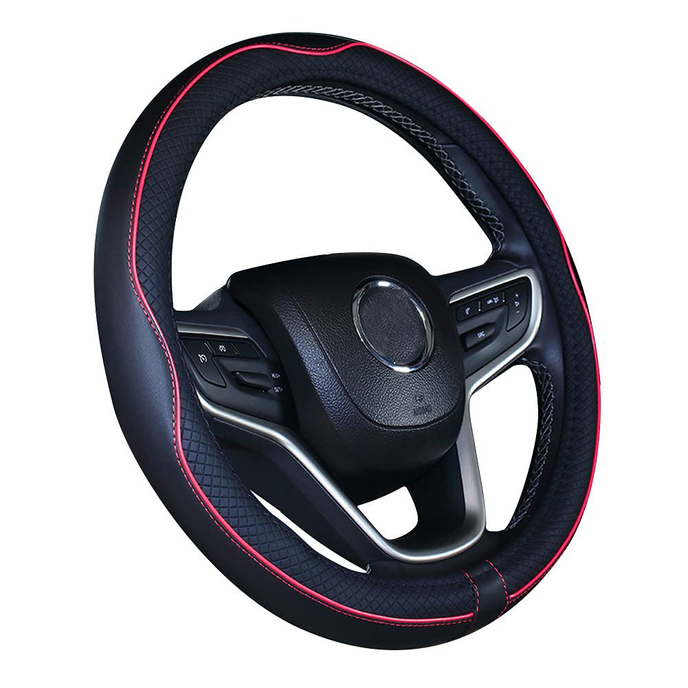 Istn Microfiber Leather Car Steering Wheel Cover Universal 15 inch/38cm Breathable Anti-slip Protector for Auto/SUV (Black Red,14.5-15")