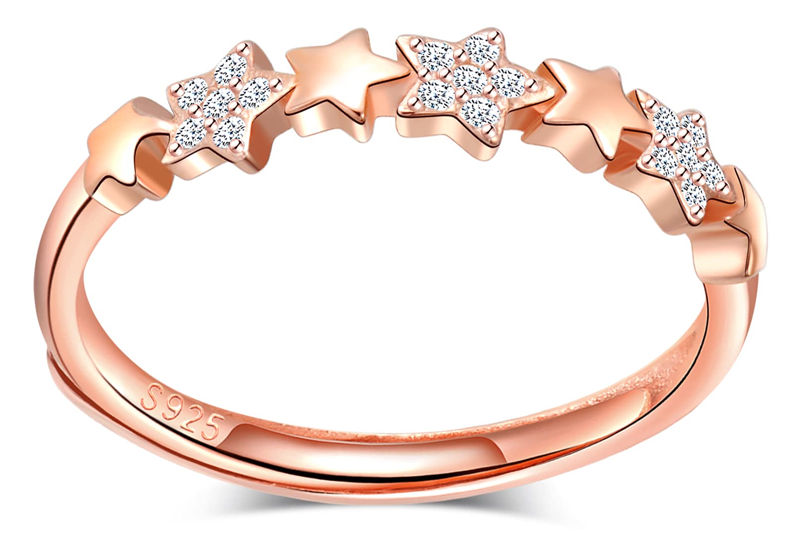 CPSLOVE Women's Girl's Star Ring, 925 Silver ring, Tail ring, rose gold, Open ring, Adjustable size, Wedding Engagement Ring, Suitable Finger Circumference:48.5-57mm