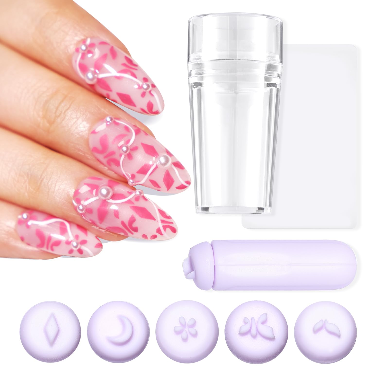 U-Shinein Nail Stamper Kit, French Silicone Nail Stamper Kit & Nail Art Stamp Pen, Nail Art Pen Replaceable Flower Leaf Nail Stamping Tool with Different Patterns Pink Home DIY Nail Art Salon，#Purple