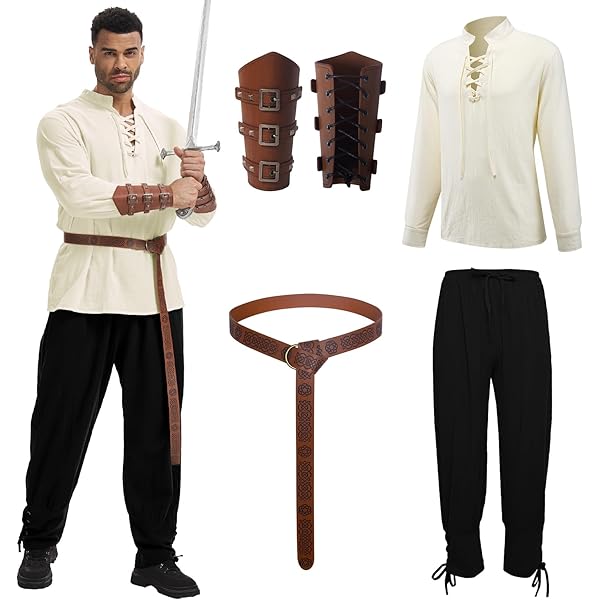 Conjunto De Ropa Medieval Para Hombre – Traje Renacentista Con Camisa Pirata, Pantalones, Cinturón, Muñequeras Y Bolsa Vintage, Ideal Para Fiestas Temáticas, Carnaval Y Eventos Históricos