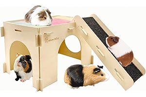 Bonnevie Guinea Pig Hideout House Wooden Castle Hide with ladder Fleece Bed Ramp Wood Hut with Platform for Chinchilla Chipmunk Hedgehog Squirrel Hideaway with Multiple Doors and Windows Extra Large