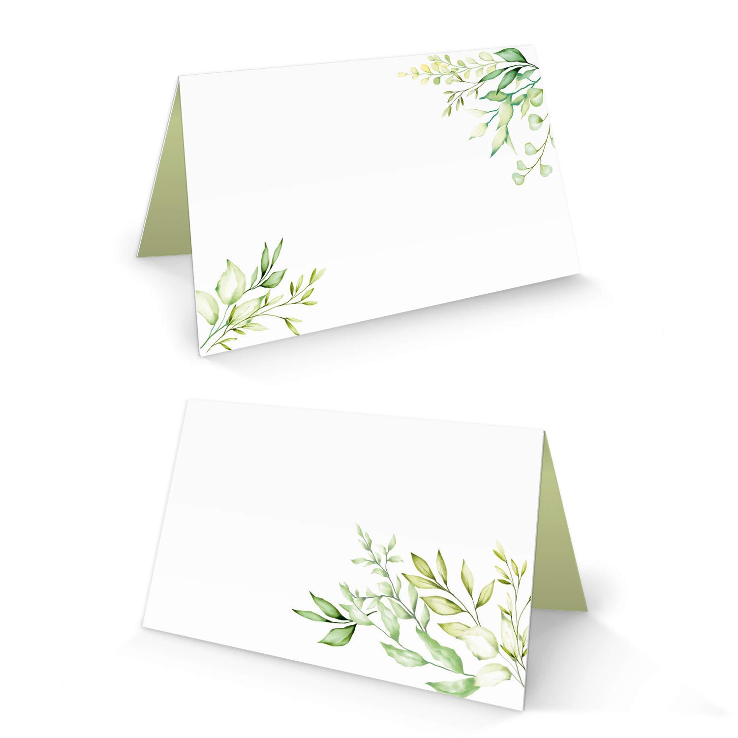Logbuch-Verlag 100 Place Cards, White-Green Light-Green Leaves, Flower Name Card, Seat Card, Small Cards for Name, Table Decoration, Wedding, Communion, Birthday, For Any Pen