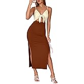 oten Womens Spaghetti Strap Sleeveless Maxi Dresses with Built in Bra Tie Front Cutout Side Slit Club Party Long Dress