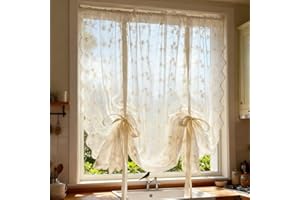 YIPINXIU Beige Romantic Little Floral Woven Lace Tie Up Balloon Curtain for Kitchen Liftable Tier Roman Blind Victorian Drapes for Small Window Cafe Balcony Rod Pocket 1 Panel (55Wx59L inch,Beige)