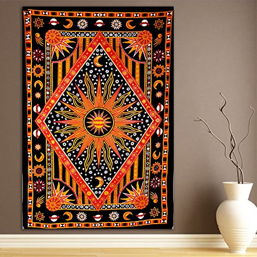 Celestial Sun Moon Stars Planet Tapestry, Indian Hippie Wall Hanging , Bohemian Bedspread, Mandala Cotton Dorm Decor Beach Blanket