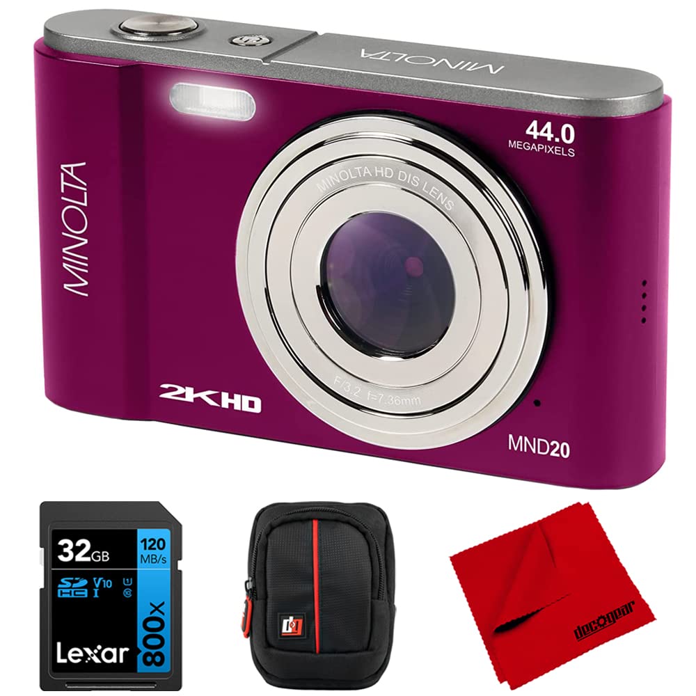 Photo 1 of Minolta MND20-M 44 MP 2.7K Ultra HD Digital Camera, Magenta Bundle with Lexar 32GB UHS-I SDHC Memory Card, Deco Photo Point and Shoot Camera Case and Deco Photo Microfiber Cleaning Cloth