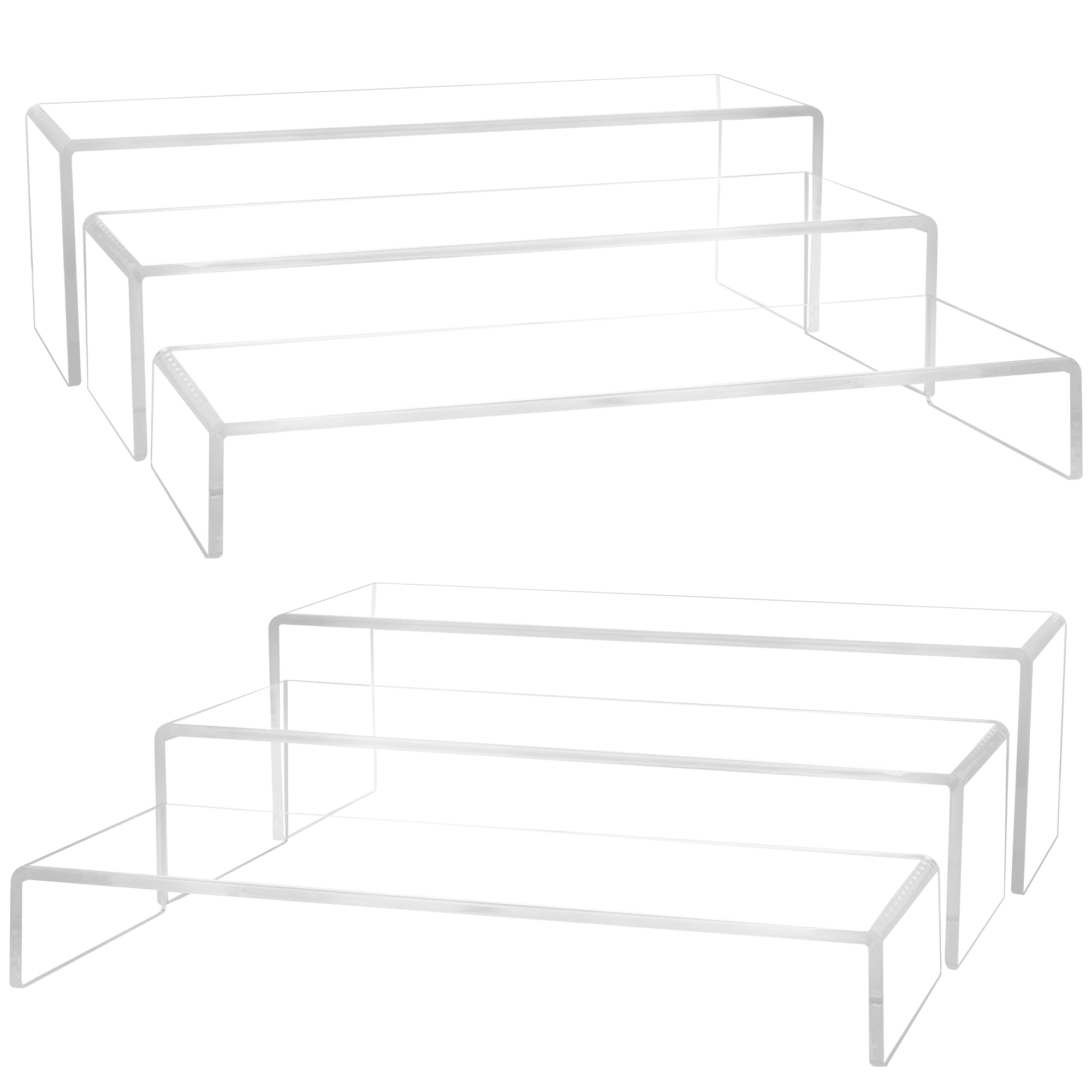Photo 1 of Aminigram Large Acrylic Display Risers, 2 Set - 6 Pack (12”L~11.6”L~11.2”L) Collectibles Display Shelf, Acrylic Risers Display Stands for Show Figures, Cupcake, Perfume, Dorm, Classroom, Livingroom Decor
