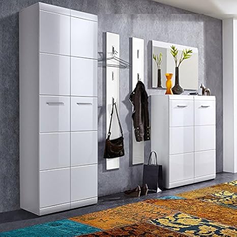 Komplett Garderoben Set ? 5-teilige Flurgarderobe Flurmöbel in Hochglanz weiß ? Schuhschrank, Spiegel, 2 Wandpaneele ? Made i