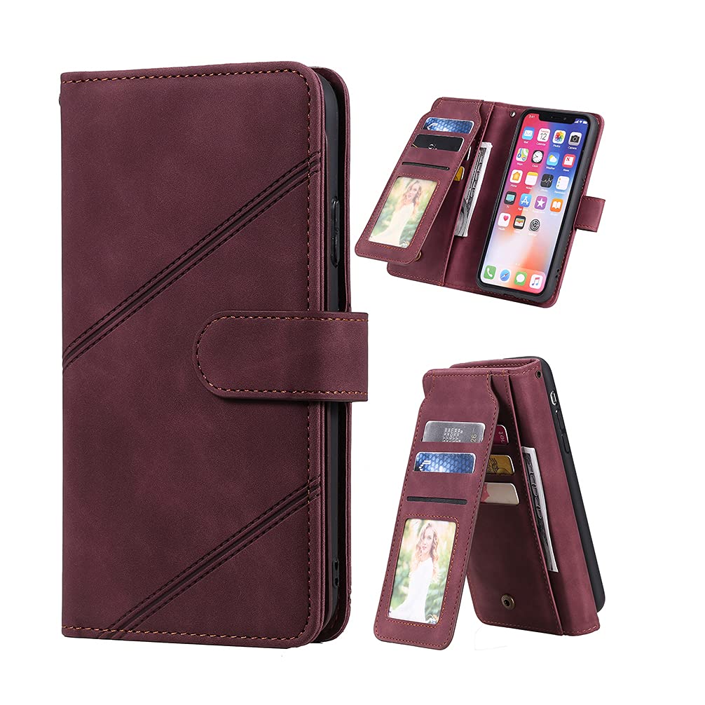 TIANCI Case for Xiaomi Redmi Note 10 4G/Note 10S, Phone Case [Skin-friendly PU Leather] 9 Card Slot Wallet Case [Two Support Methods] Flip Cover for Xiaomi Redmi Note 10 4G/Note 10S Case-Red