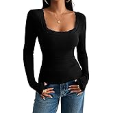 ChiaoLezhee Basic Long Sleeve Shirts for Women, Low-Back Square Neck Lace Trim Slim Fitted, Teen Girl Fall Casual Ribbed Tops