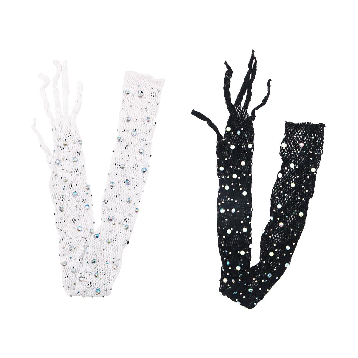 Tiardey 2Pair Rhinestone Long Fishnet Gloves with Sparkling Rhinestone Fashion Opera Gloves for 80s Costume Parties Halloween Cosplay Accessories（Black+White）
