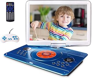 16.9" Portable DVD Player with 14.1" Large Swivel Screen, Car DVD Player Portable with 5 Hrs Rechargeable Battery, Mobile DVD Player for Kids, Sync TV, Support USB SD Card with Car Charger (Blue)