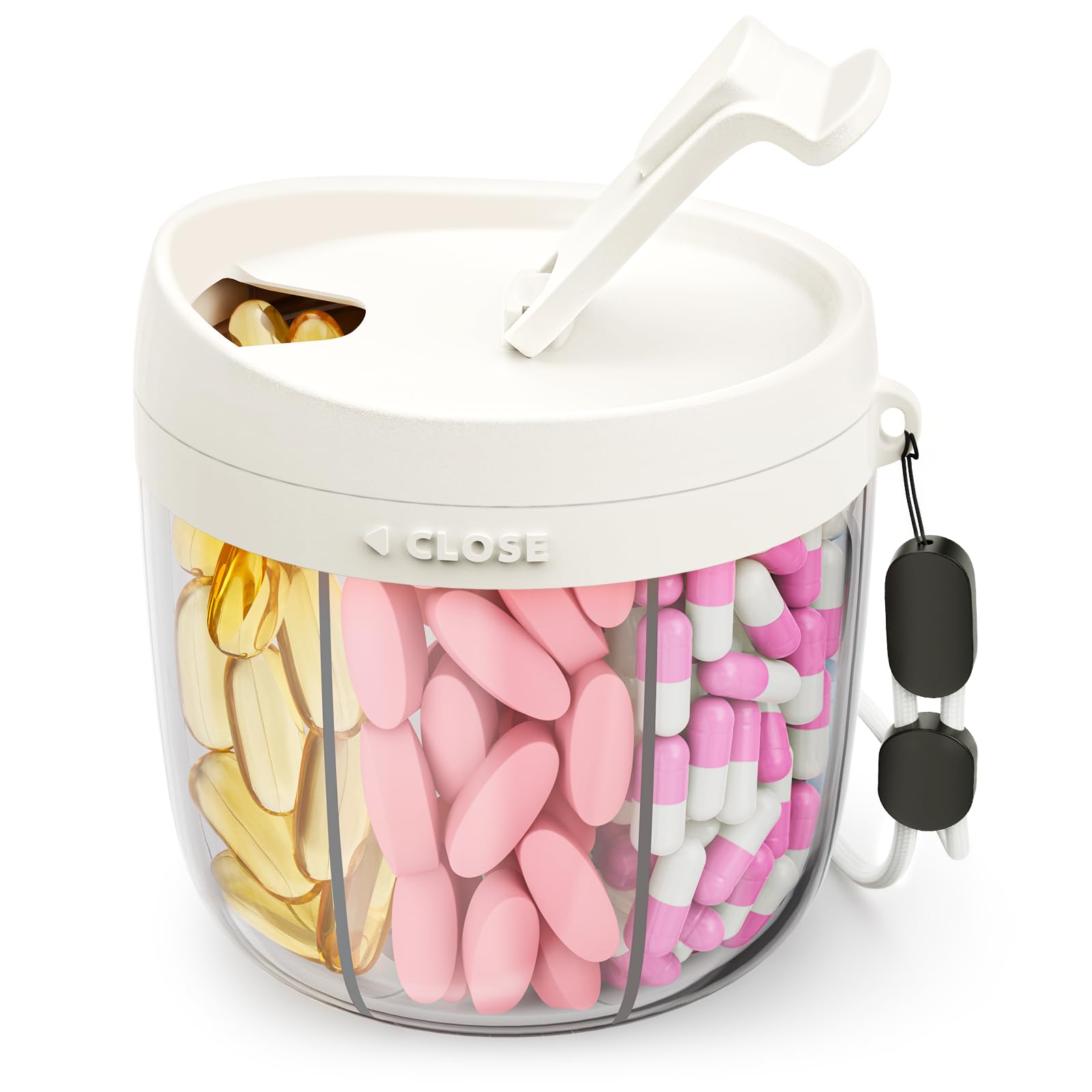 Photo 1 of AMOOS Cute Pill Dispenser with 7 Large Compartments, Portable Pill Bottle Organizer with Wide Opening for Easy Use, Anti-Mix Pill Organizer for Travel, BPA-Free Pill Container, White