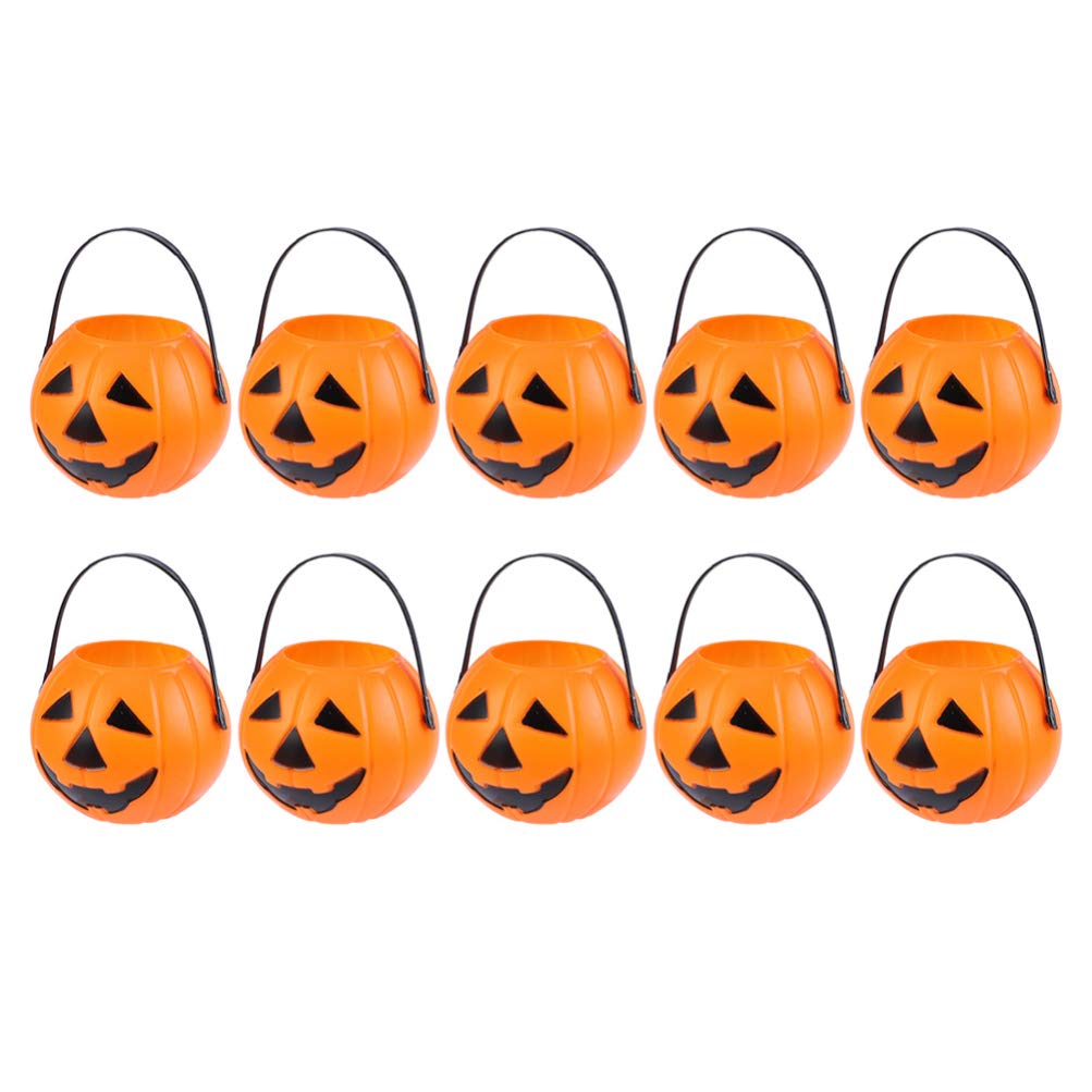 Amosfun 10pcs Halloween Pumpkin Bucket, 7x7cm Mini Plastic Candy Bucket with Handle, Halloween Trick or Treat Party Candy Holder, Portable Sweets Pots for Kids