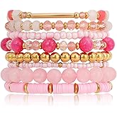 IDEAJOY Pink Bracelets Bohemian Multi-Layer Beaded Stacking,8 Pcs Versatile Strand Stretch Sparkly Crystal Beads Wrap Slip-on Cuff Bangle Set