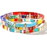 Bohxantium Tila Flat Beaded Bracelets for Women Bohemian Colorful Stretch Square Glass Bead Bracelet Stack Elastic Layering Stackable Handmade Boho Trendy Holiday Jewelry Accessories Friendship Gift