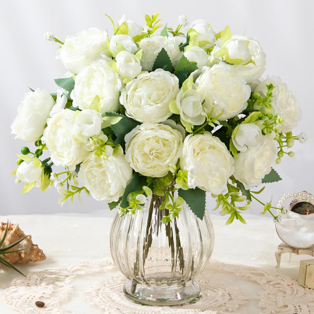 Photo 1 of JARELING Artificial Peonies Silk Flowers in Glass Vase Faux Flowers Bouquets Modern Penoy Arrangement 4 Pack for Home Decoration Table Centerpiece (White)