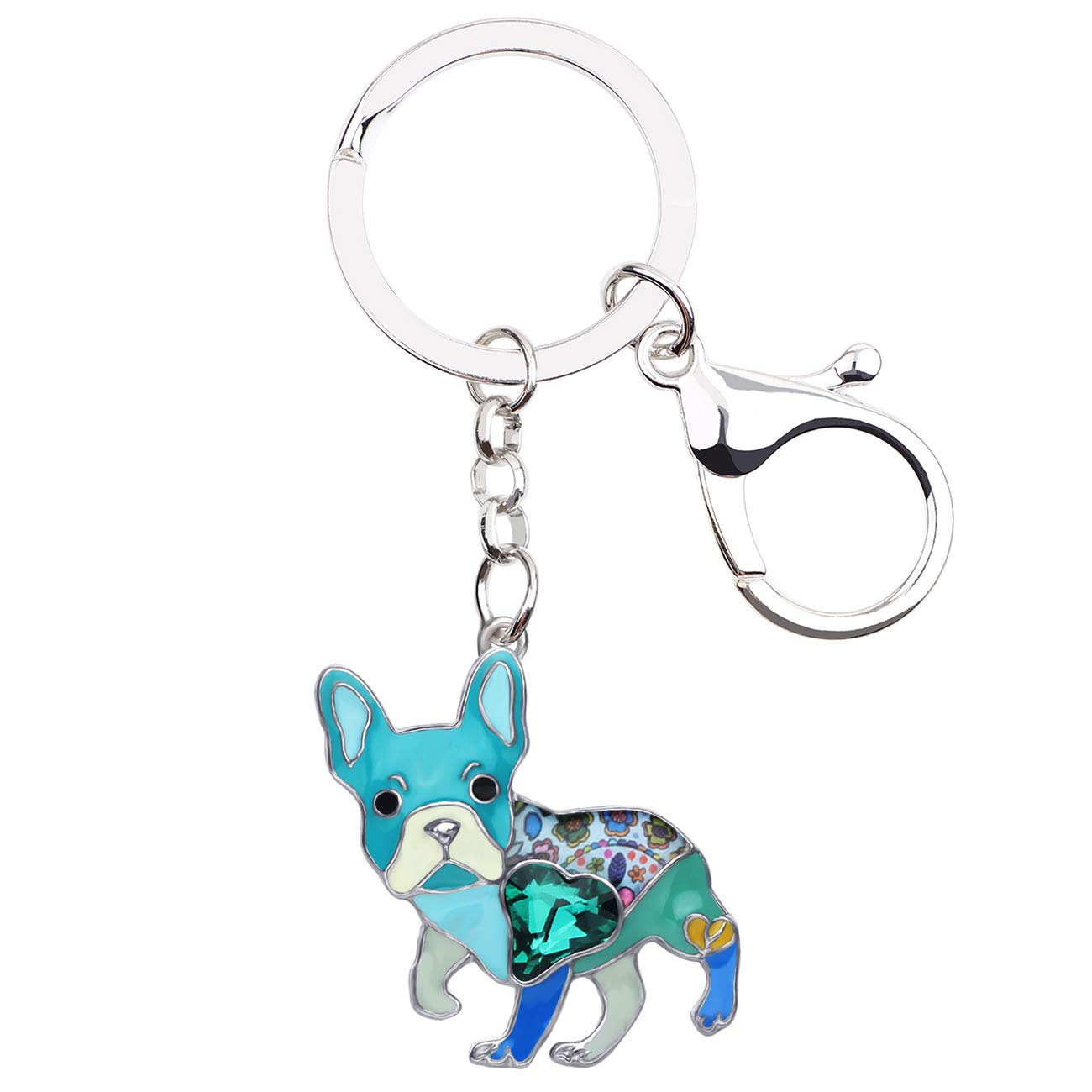 BONSNY Enamel Metal Heart Rhinestone French Bulldog Key Chains For Women Kids Car Purse bag Rings Charms Pets Gift (Blue)