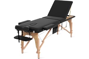 ABET Portable Massage Table, 3 Folding Professional Lash Bed Esthetician Bed, Height Adjustable Tattoo Spa Facial Bed with Face Cradle, Detachable Armrest, Wood Frame & Accessories Carrying Bag, Black