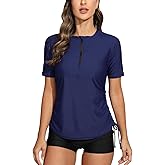 Halcurt Women's Half Zip Short Sleeve Rash Guard Swim Shirt with Tie Drawstring UPF50+ Swimsuit Top