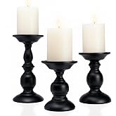 BANOMII Black Pillar Candle Holders Set of 3, Vintage Candle Holder for Table Centerpiece & Fireplace Decor, Decorative Antique Candle Stand for Dining & Living Room Decoration