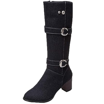Women's Denim Square Heel Boots with Side Zipper and Kuwait