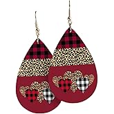 Valentine's Day Love Heart Leather Earrings Red Black Striped Buffalo Plaid Check Dangle Earrings Buffalo Leopard Printed Drop Earring for Women