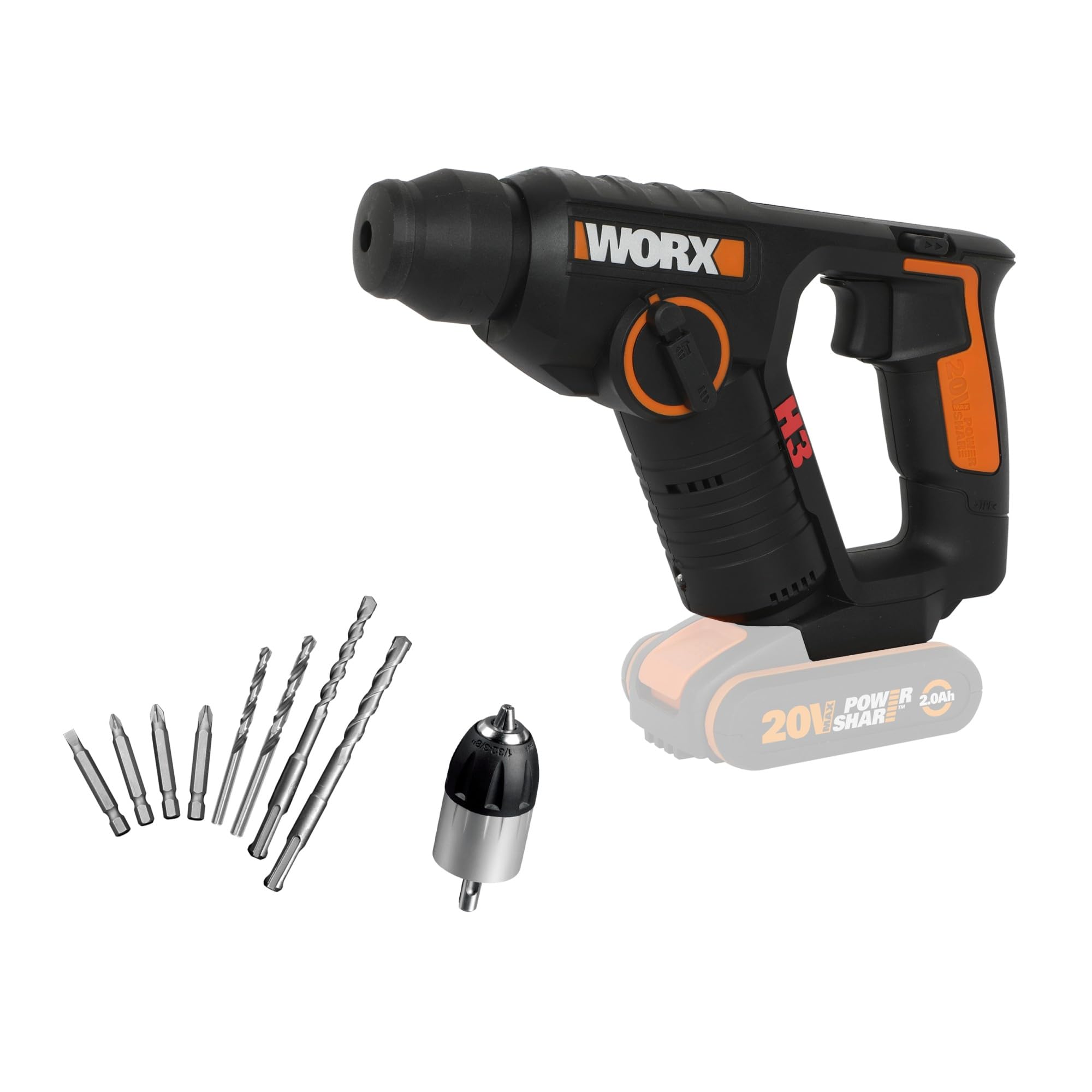 WORX WX390 SDS Plus Hammer Drill - 20V Drill with Pneumatic Hammer Mechanism for Screwdriving, Drilling and Hammering without Battery, Charger and Carrying Case
