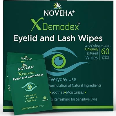 NOVEHA Demodex Eyelid Lash Wipes 60 ct Extra Strength Mites Itchy Eyes Relief