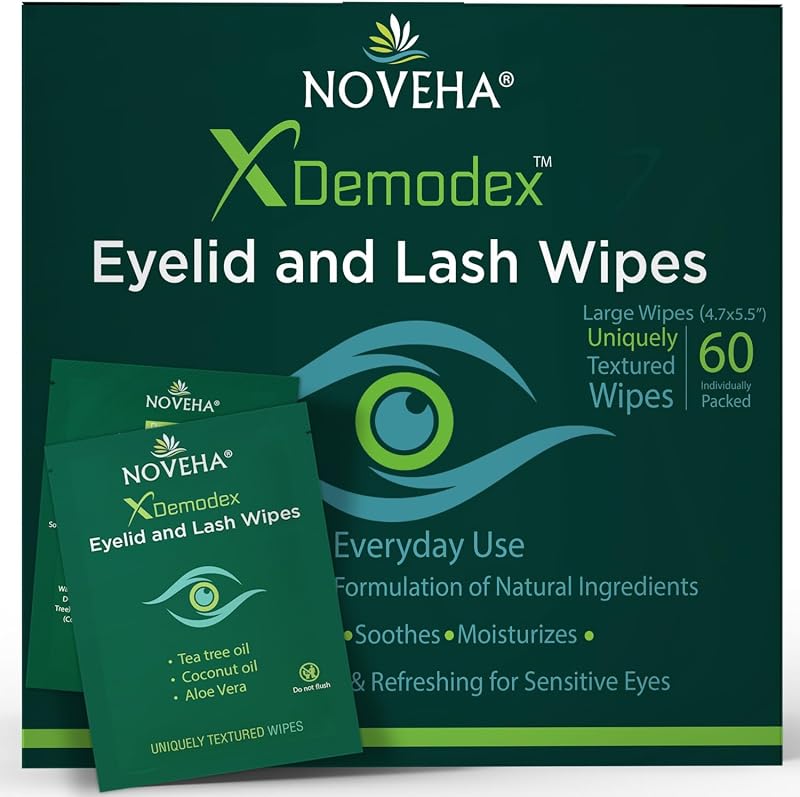 NOVEHA Demodex Eyelid Lash Wipes 60 ct Extra Strength Mites Itchy Eyes Relief