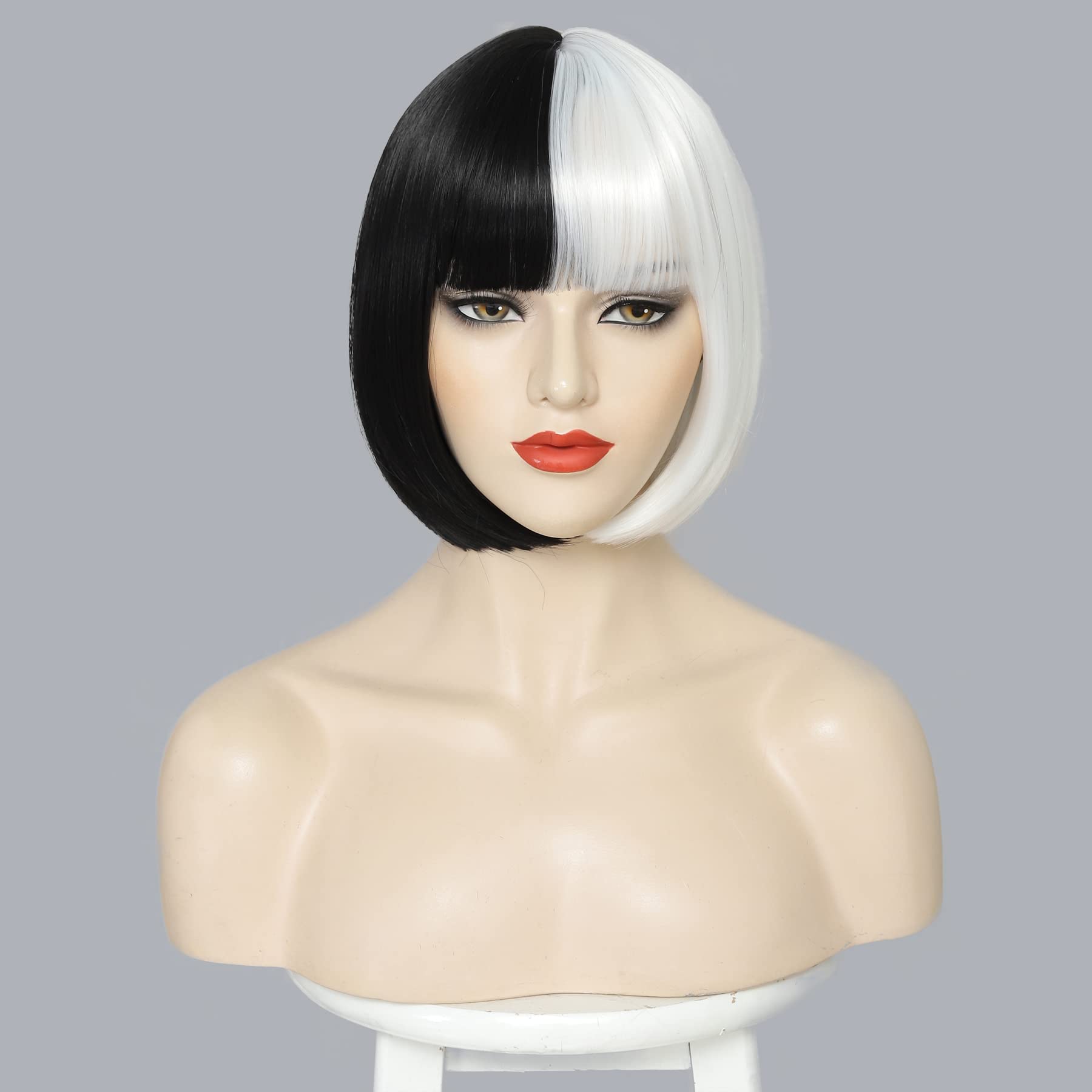 Photo 1 of YBYMCAI Black and White Bob Wig With Bangs Cruella Deville Costume for Women Cosplay Short White and Black Bob Wigs Straight Bob Bangs Wig 10 Inch Natural Looking For Daily Party Use