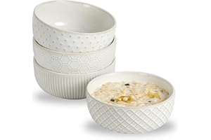 Hoilse 26oz Cereal Bowls Set of 4 - Large Embossed Ceramic Soup Bowls for Pho, Ramen, Noodle, Pasta, Rice, Fruit, Dessert | F