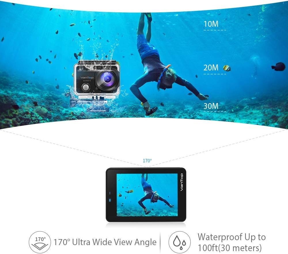 VanTop Moment 3 4K Action Camera w/Gopro Compatible Carrying Case, Remote Control, 16MP Sony Sensor, 30M Waterproof Camera w/Gopro Compatible Accessories, 2 Batteries, 170° Ultra Wide Angle : Electronics