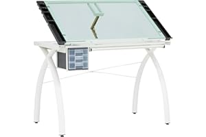 SD STUDIO DESIGNS Futura Craft & Drawing Table with Adjustable Tempered Safety Glass Top – Modern Art Desk with Storage Drawers, Pencil Ledge, Matte Ivory/Sea Green Glass