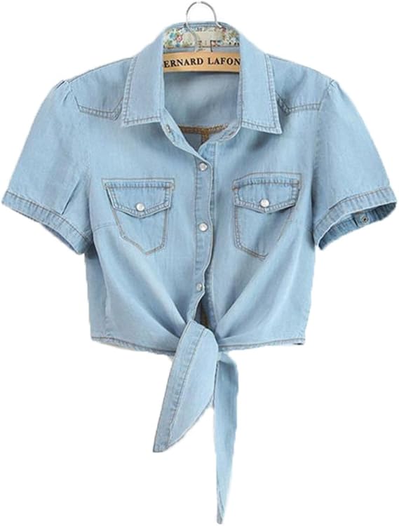 Amazon ヒンリヤ Hengliya デニム ブラウス ショート丈 デニムシャツ カジュアル ブルー 半袖シャツ レディース ガーリー オシャレ ブルー半袖 16 6 シャツ ブラウス 通販