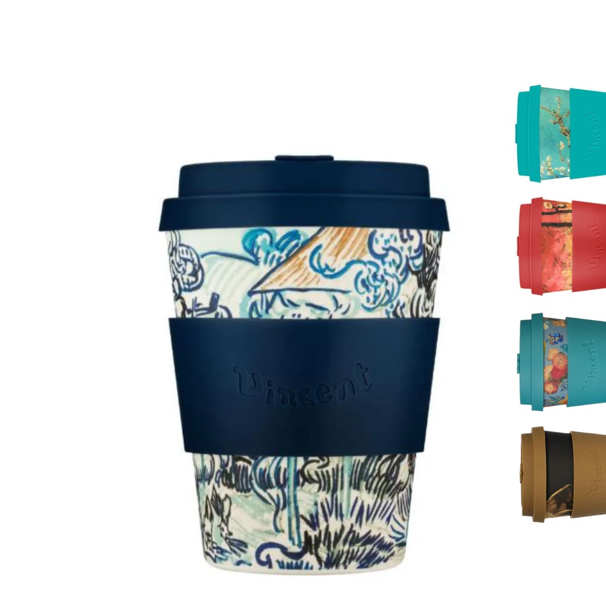 Ecoffee Cup 12oz 350ml Van Gogh Collection Reusable Eco-Friendly 100% Plant Based Coffee Cup with Silicone Lid & Sleeve - Melamine Free & Biodegradable Dishwasher Safe Travel Mug, Old Vineyard