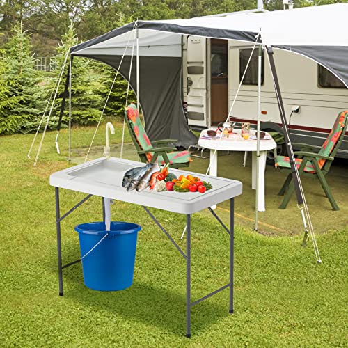AVAWING Outdoor Fish Cleaning Table w/Sink, Folding Fishing Camping Table w/Faucet and Drain