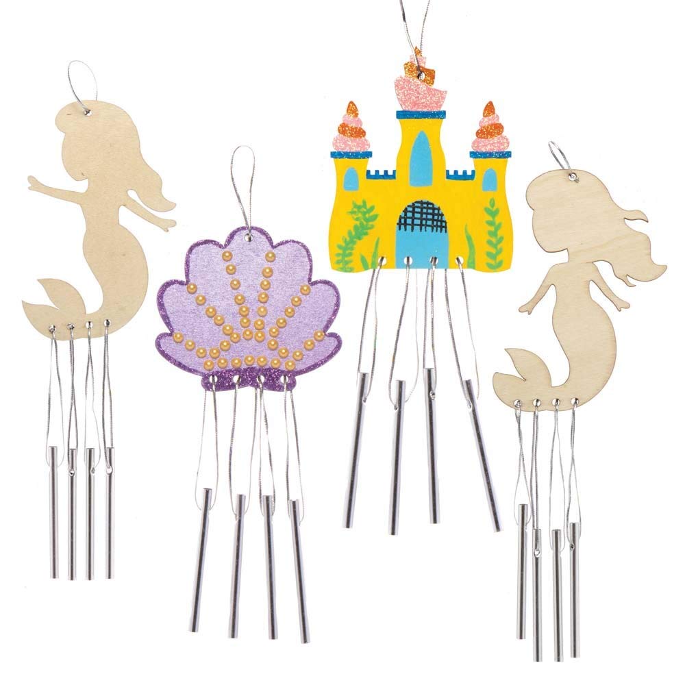 Baker Ross FE190 Mermaid Wooden Windchimes - Pack of 4, Decorate and Personalise for Arts and Crafts Activities