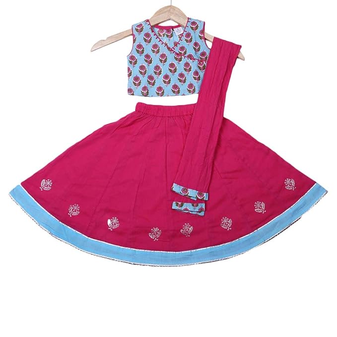 SUTI ATTIRESS By Hopscotch Girls Cotton Lehenga Choli With Dupatta in Blue Color