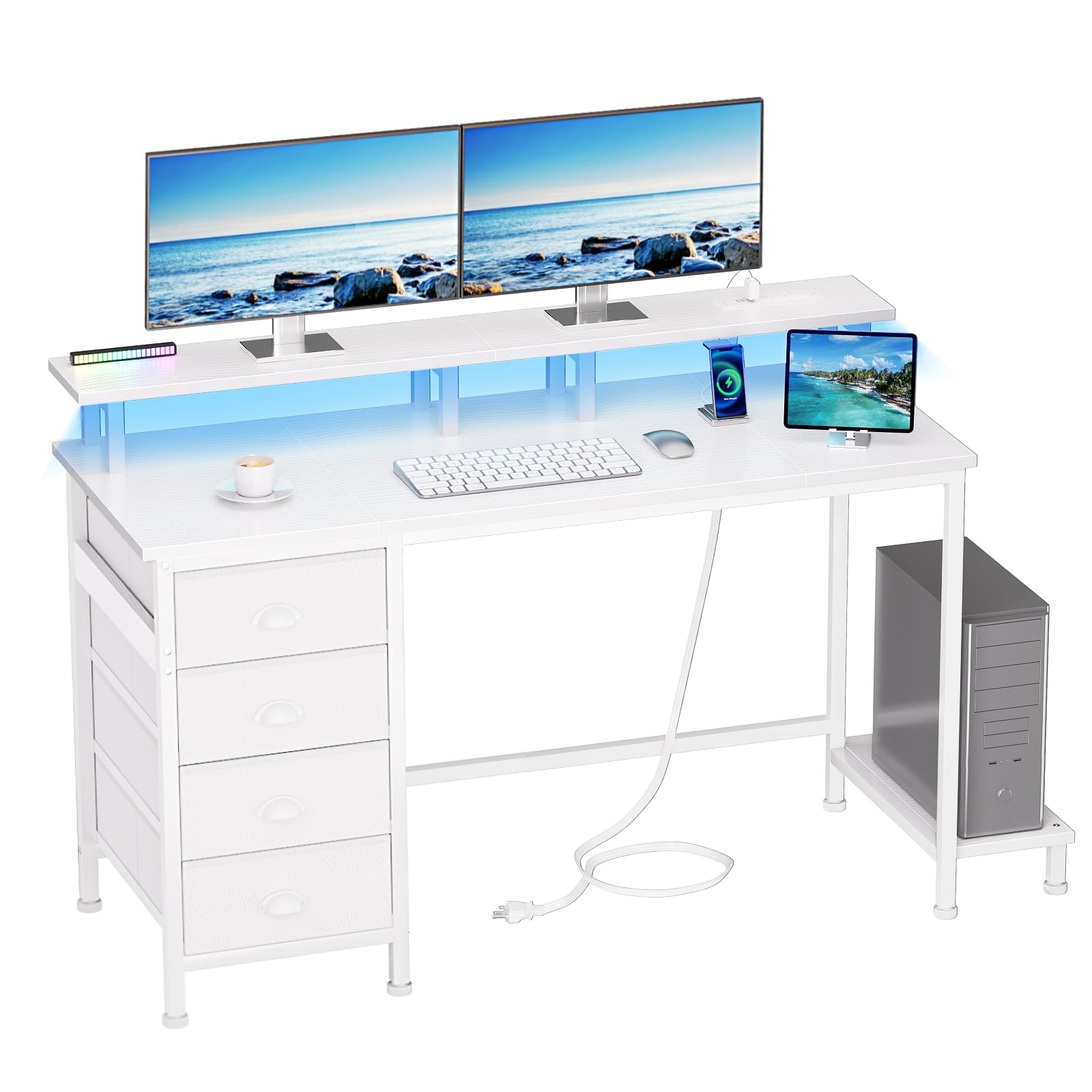 Photo 1 of Furologee 47" White Computer Desk with 4 Fabric Drawers & Monitor Stand, Gaming Desk with Power Outlets - LED Lights, Home Office Space-Saving Study Table for Bedroom Small Spaces