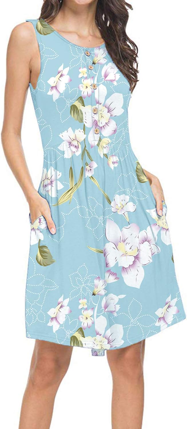 Women's Summer Casual Sleeveless Swing T-Shirt Dress Knee Length Sundress Pocket Midi Dress