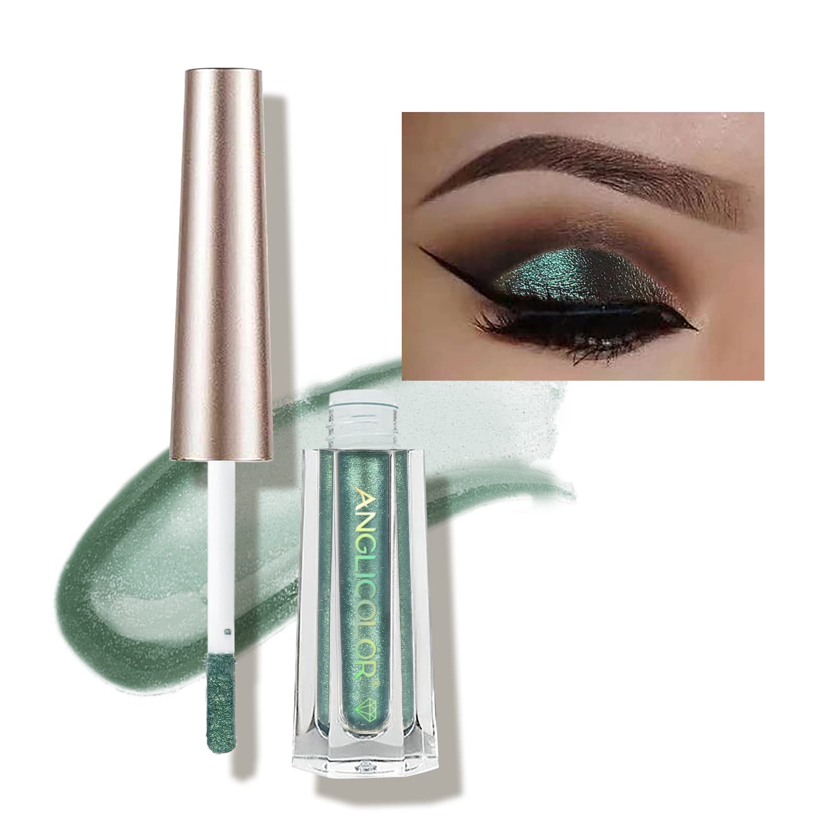 Diamond Glitter Liquid Eyeshadow & Eyeliner Pen Starry Sequins Mermaid Eye Shadow Long Lasting and Pigmented Waterproof Sparkling &Shimmer Eyes Makeup (#16Metallic Green) — image 1