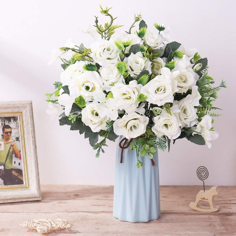 Amazon Com Artificial Flowers Fake Rose Bouquets With Vase Silk Flower With Ceramic Vase Modern Bridal Flowers For Wedding Home Table Office Party Patio Decoration White Kitchen Dining