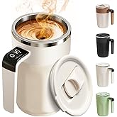 Rechargeable Automatic Stirring Coffee Cup with Temperature Display, 13.5oz Self-Stirring Mug with Lid, Stainless Steel Material Suitable for Coffee, Milk, and Other Beverages(White)