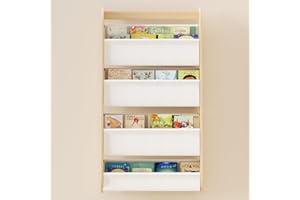 EXPERLAM Natural Solid Wood Kids Bookshelf - Wall Mounted Bookshelf for Kids, 4-Tier Book Shelf Organizer for Books and Toys, Book Shelf for Kids Rooms, Playroom, Nursery…
