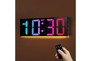 LEIKE 12'' Large Digital Wall Mount Clock with Remote Control, Big Modern LED Screen Dispaly, 8 RGB Color, DST, 12/24H, Auto 