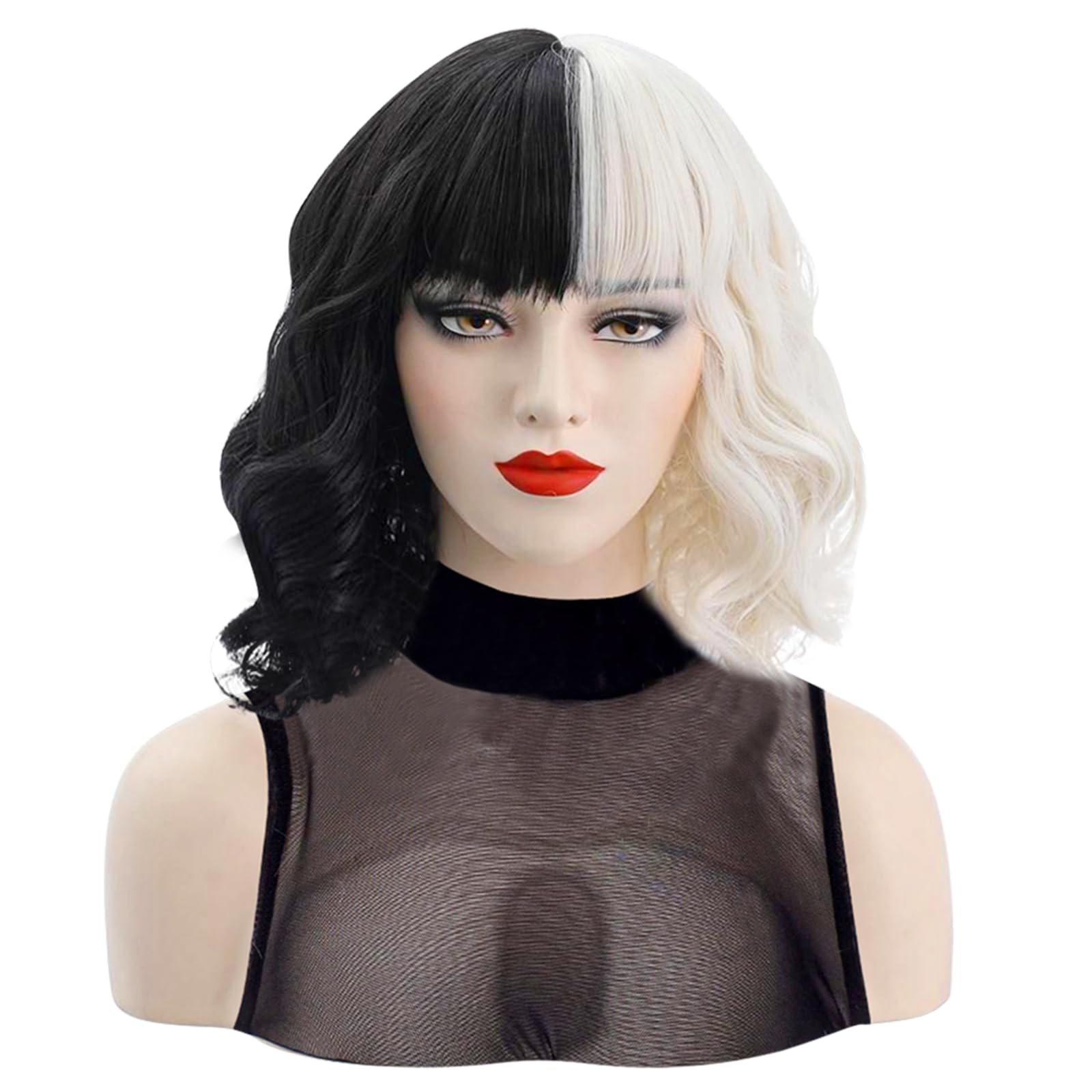 Aomig Short Black and White Wig, Medium Long Curly Wavy Wig, Half Black Half White, Cosplay Party Costume with Hairnet, Long Red Gloves, Pearl Necklace