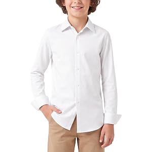 PATPAT Boys Long Sleeve Dress Shirt Button Down Cotton School Uniform 7-16Y | Spread Collar, Adjustable Cuffs, Wrinkle-Free &