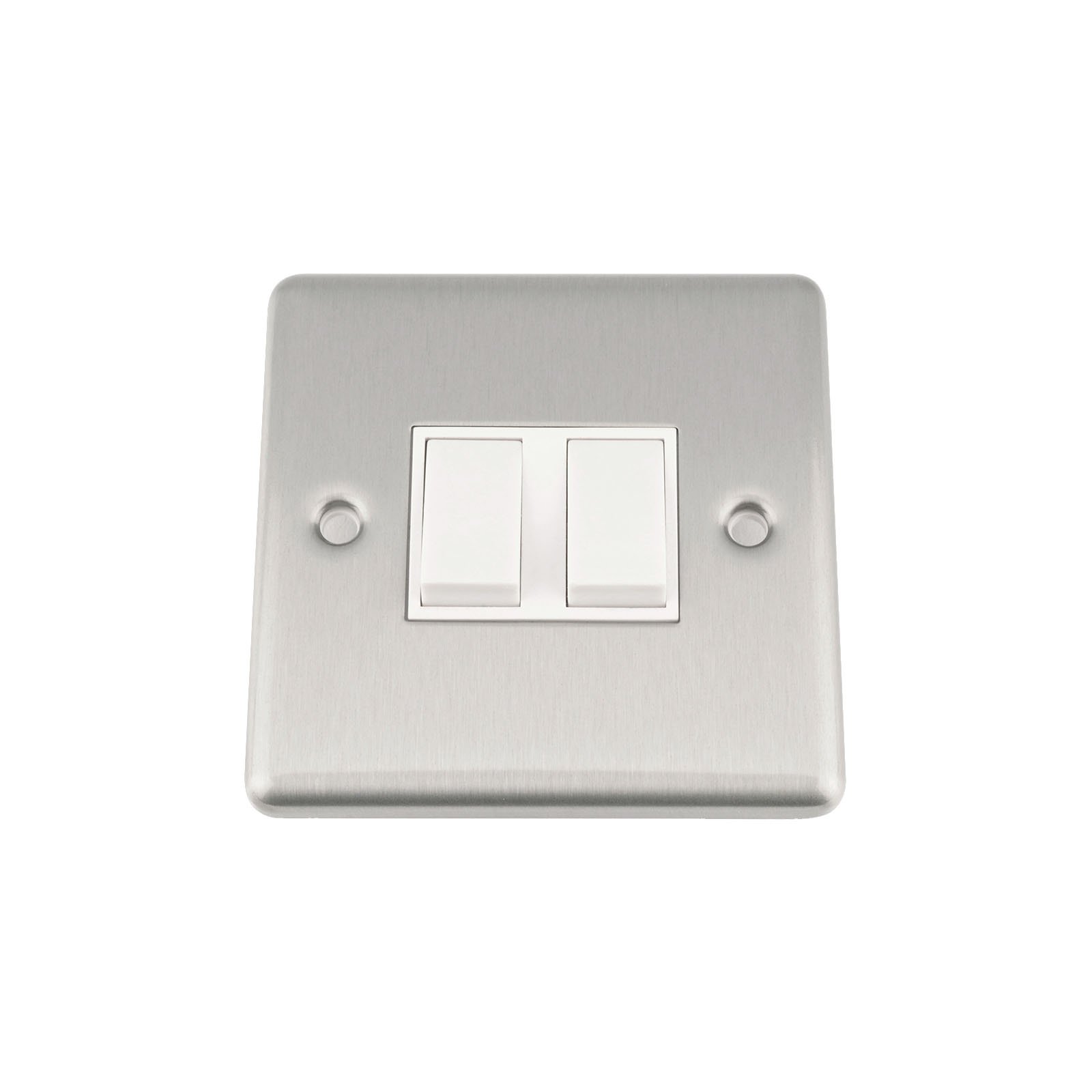 A5 Light Switch Double 2 Gang Satin Brushed Chrome Classic - White Insert - Plastic Rocker Switches - 10A 1 Gang 2 Way