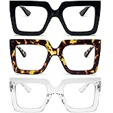 REAVEE 3 Pack Oversized Reading Glasses for Women Large Frame Extra Wide, Blue Light Blocking Stylish Thick Square Readers